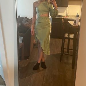 Satin green asymmetrical dress with cutout